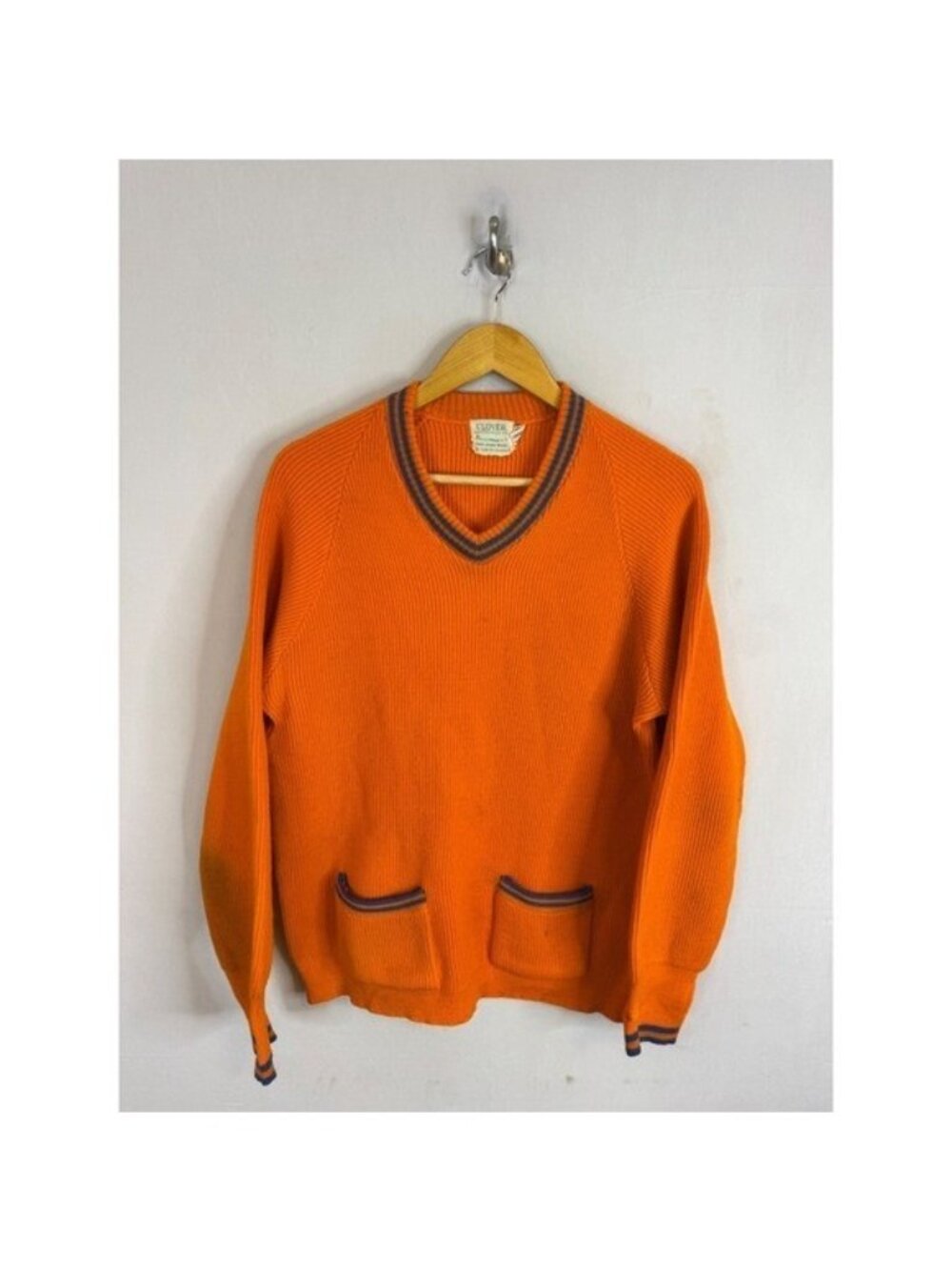 Vintage 50s Clover Knitting Mills Orange Wool V-Neck Sweater Striped Trim L